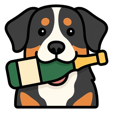 bernese mountain dog with a toy champagne bottle in its mouth sticker