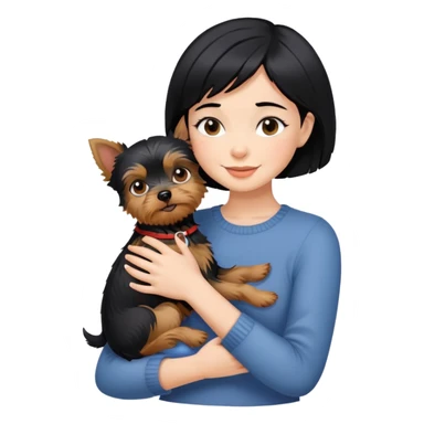 A beautiful girl with short black hair happily hugs a Yorkshire Terrier sticker