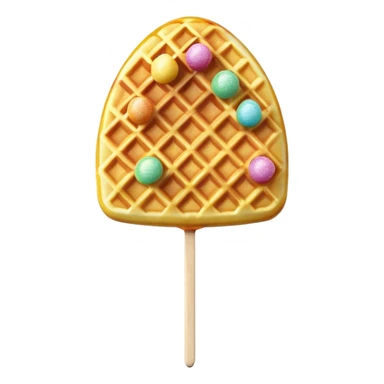 3D rendered Hong Kong egg waffle on stick like lollipop, vibrant golden color with rainbow sprinkles, hyper-realistic bubbled texture, glossy candy finish, fun playful design, detailed textures sticker