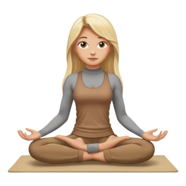 Blonde long hair girl sitting on a beige rug doing yoga, brown clothes sticker