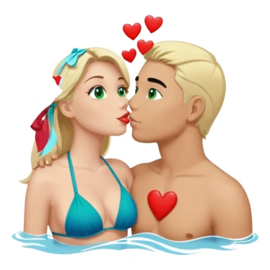 Blonde Queen with crown Green eyes blue Bikini whole body Kissing man black Hair Hearts sticker