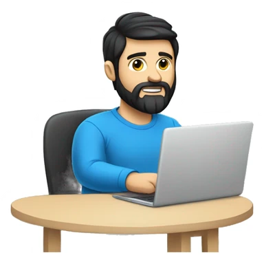 white guy with beard black hair big nose thin face typing in laptop wearing blue t-shirt, saying Hi sticker