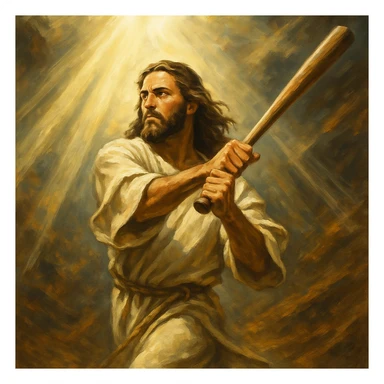Jesus with long hair and beard, focused, powerful baseball hit, divine light shining down sticker