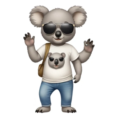 anthropomorphised koala in a band t-shirt and jeans with dark sunglasses walking upright relaxed pose sticker