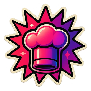 chef's hat, lot of colors explosions, playful and modern with gradient FF4D67, 9D34FF gradient, border black, vibrant, matching image reference  sticker