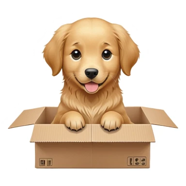 A very cute young Golden Retriever  with one's head tilted to one side poked its paws out of the cardboard big box and placed them on top of it sticker