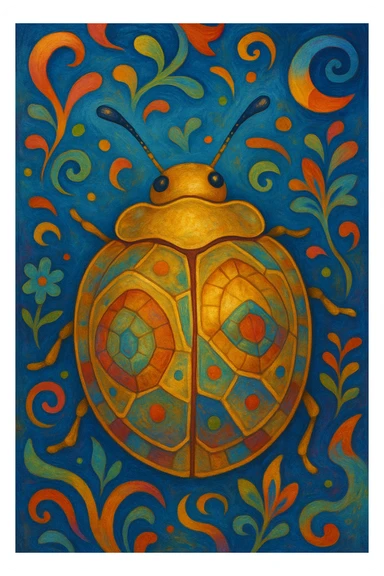 Golden Tortoise Beetle with a tortoise shell-like carapace, whimsical and abstract surreal art style, playful shapes, vibrant colors, imaginative and dreamlike sticker