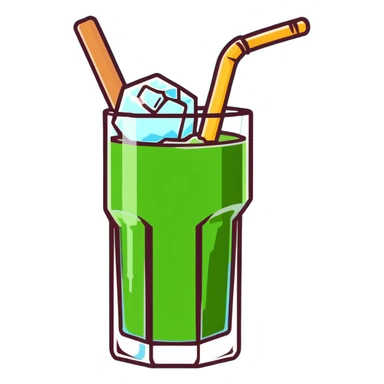 Tall glass of sweet sugarcane juice with ice cubes, light green liquid, straw, and sugar cane stalks beside it sticker