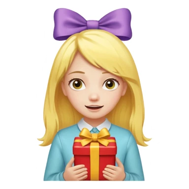 🥳🎀  sarı saçlı kız p saçının üstünde toka var tokat atmış iyi ki doğdun teyzeciğim diyor hem hediye var elimde çok kafasına tokat atmış sticker