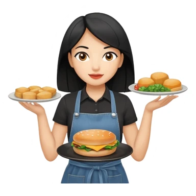 waitress with black hair and a food plate with a black tshirt and ª jeans apron. with a bigger plate and the plate with a tapa sticker
