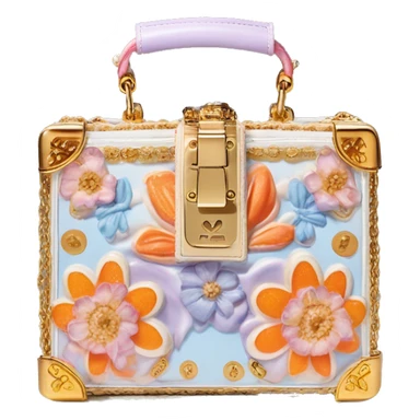 Dolce and Gabbana small box bag with white and colourful lavender light blue orange pink summer print and golden detais 2023 sticker