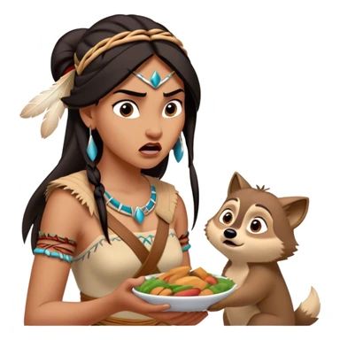 Cinematic Funny Pocahontas Portrait Emoji, Looking bewildered as Meeko steals her food, one brow raised in playful frustration, a warrior princess caught in a hilariously relatable moment, wild yet endearing! sticker