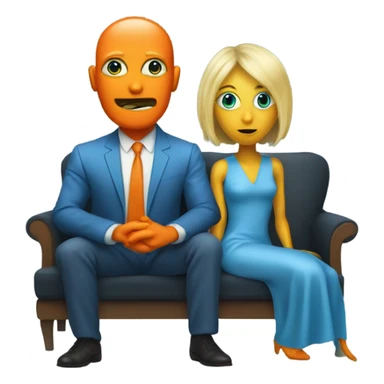 blonde alien reptilian woman in orange dress and humman man in blue, sitting on a couch  sticker