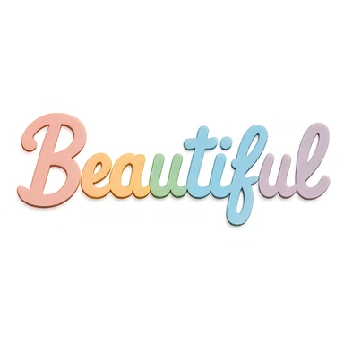 the word 'Beautiful' in soft pastel rainbow colors, playful script font, kawaii style, no outline, 3D paper-craft effect sticker