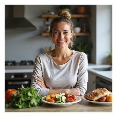 Smiling woman with healthy appearance and balanced physique, sitting at a table with a colorful and varied plate: vegetables, whole grains, lean proteins, fruit, and healthy fats. Bright atmosphere, hyperrealistic 4K details, home or modern kitchen environment. Variant 1. sticker
