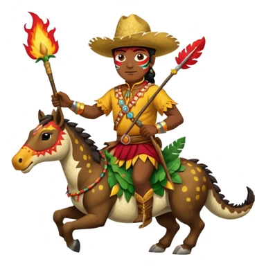 Male Chief Osceola wearing traditional Seminole garb and face paint , riding Appaloosa horse and planting a spear with feathers and flames on tail, into an alligator sticker