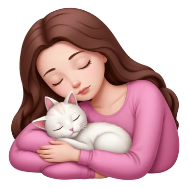 A pretty white girl with very long brown hair and pink clothing sleeping curled up to a white cat  sticker