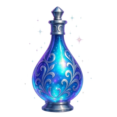 modernus prabangus eliksyro buteliukas, tapkės forma, elegantiška spalvų gama, holografiniai ir sidabriniai ornamentai, stiprūs magiški švytėjimai ir efektai, labai mažas kaklelis, skaidrus fonas, vientisas dugnas, be šešėlio, plūduriuoja ore, kolekcijos stilius sticker