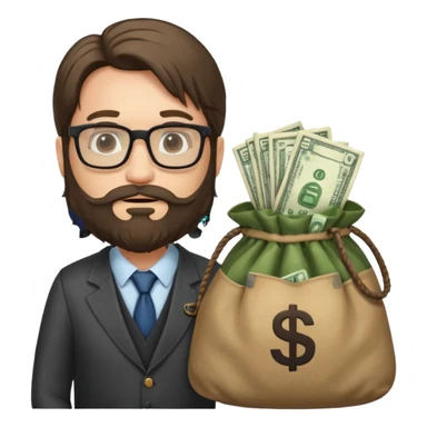 Un emprendedor (emoji con ordenador) de unos 50 años con barba y pelo largo más gafas de pasta y con un icono de ordenador y una bolsa de dinero sticker