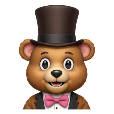 Freddy Fazbear as a cute bear animatronic, brown fur, top hat, bow tie sticker