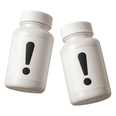 DUE BOCCETTE DI INTEGRATORI BIANCHE CON PUNTO ESCLAMATIVO NERO SULL'ETICHETTA FLUTTUANO IN ARIA, IPERREALISTICA 4K sticker