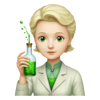 Marie Curie hold experimental bottle sticker