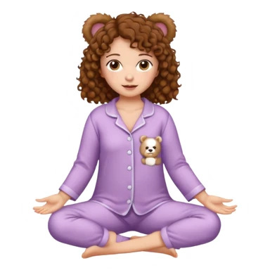 Woman with brown eyes, brown curly hair, white skin, full body in cute pijama bear sticker
