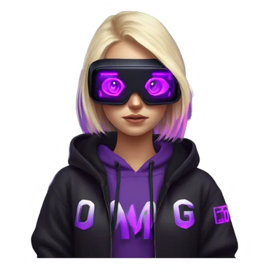 Russian cute blond girl wearing black hoody with violet letters "OMG", in vr headset. Cyberpunk style. Violet neon. sticker