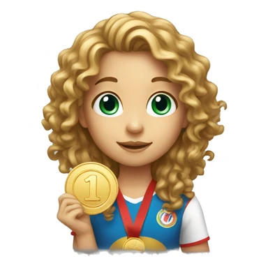 Genius girl with curly long hair holding a gold medal sticker