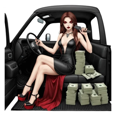 Lilith red eye seductress evil long brown haired sexy succubus woman with leather long dress with slit on, sitting in Big Large F350 pickup truck. Wearing super tall black platform high heels, Back seat full of stacks of cash, she is  Holding a human skull of her enemies and a gun in other hand sticker