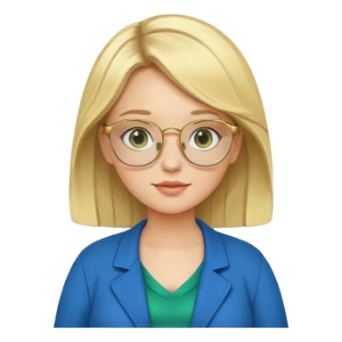 pregnant blonde 18-year old with golden glasses in a bright blue dress and a dark green jacket on top of the blue dress sticker