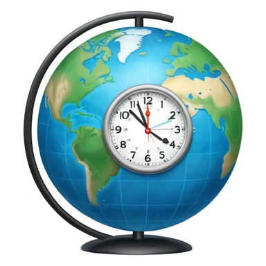 Earth globe with analog clock in corner, timezone symbol, iOS emoji style sticker
