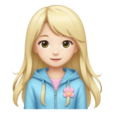 Cute kawaii emoji-style Japanese K-pop girl, blonde long hair , trendy K-pop outfit with Japanese cute fashion vibes, big sparkling eyes, chibi proportions, clean lineart, pastel colors, cheerful idol smile, sticker/emoji style, transparent background sticker