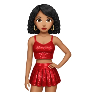 Kelly Rowland with black hair, red sequin crop top and skirt sticker
