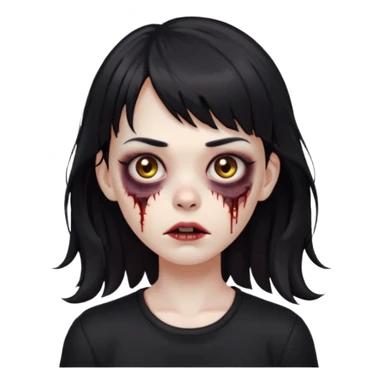 Zombie girl, with bangs above her eyebrows, her dark hair, thin eyebrows. Long hair and Wavy her clothes are black sticker