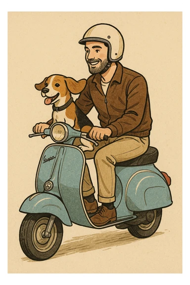 man and his pet dog riding a vespa sticker