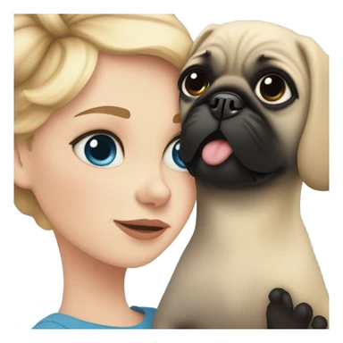 Girl with wavy blonde hair and blue eyes, kissing a black pug sticker