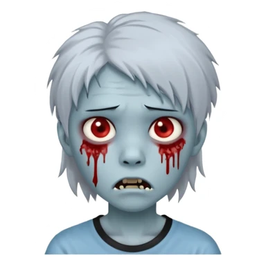 Create a 3D emoji-style avatar with very pale blue-grey zombie skin like the reference image, a young Asian face, and large eyes with blood tears. Give it white mullet-style hair, silver hoop earrings, and a simple black T-shirt. The expression should be neutral or slightly angry sticker