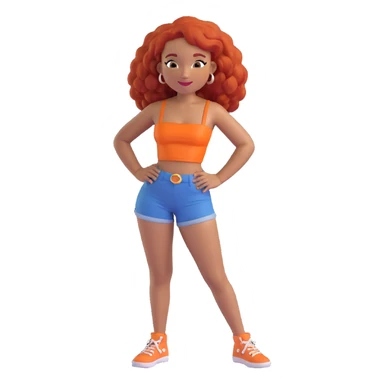 emoji of a light skinned Black woman with red hair, wearing an orange tube top and daisy duke shorts, friendly expression sticker