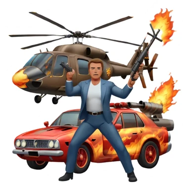Icon for Action Movies: Arnold Schwarzenegger in the lead role, in an intense action pose with weapons, explosions, a car and helicopter flying out of flames in the background. The design should capture the explosive energy and heroism of classic action films. Transparent background. sticker