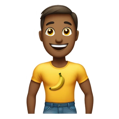 L'emoji montre un jeune homme portant un T-shirt avec une banane souriante dessus et fermant les yeux avec des joues rouges, suggérant un léger sentiment de défi ou d'espièglerie. sticker