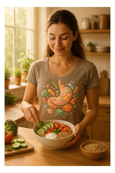 A realistic, warm-toned image of a young woman in a bright, cozy kitchen preparing a healthy meal rich in fiber and probiotics. She smiles softly, focused and calm, as she adds fresh vegetables, fermented foods like yogurt or kimchi, and whole grains to a bowl. Around her abdomen, a subtle, glowing overlay of balanced gut flora—colorful, friendly bacteria and microbes—swirls gently, symbolizing intestinal health and harmony. The setting is natural and inviting, with sunlight streaming through the window, potted herbs on the counter, and clean wooden surfaces. The overall mood conveys wellness, self-care, and the positive journey toward gut balance sticker