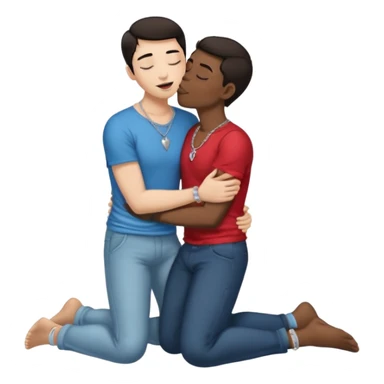 1 White adult male dark hair ,1 dark skin adult male silver necklace, nude,kissing tongue open mouth close eyes,full body view, spooning on floor, touching,in love ,crotch sticker