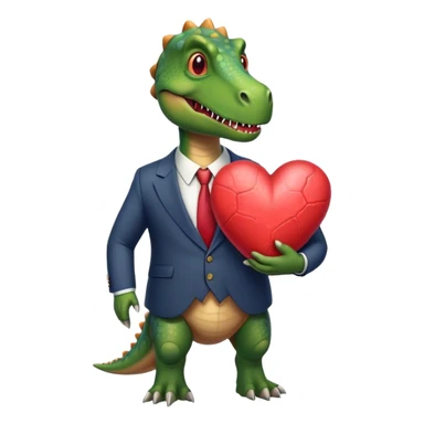 old dinosaur in a suit holding a very big heart sticker