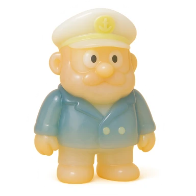 full-body boat captain, retro 90's toy style, very transparent and slightly see-through, natural tan skin, white captain's hat, navy jacket, derpy eyes, soft plastic texture, soft reflections, soft and squishy, some cloudiness, not shiny, highly detailed, appealing, no tag, no background, match style and proportions of provided pirate reference sticker
