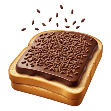 Hagelslag Cinematic Realistic Hagelslag Treat Emoji, depicted as crunchy chocolate sprinkles scattered on a slice of buttered bread, rendered with vivid textures and playful, inviting lighting. sticker