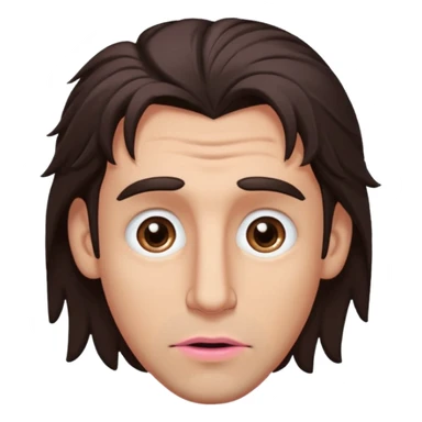 Handsome white man with big brown eyes thin pink lips long nose and dark brown messy hair cover his forhead and hair coming in eyes sticker