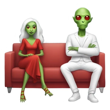 alien reptilian woman in red dress, normal human male in white dress, sitting on a couch  sticker