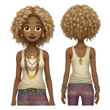 Hippie girl with curly dirty blonde hair, hazel eyes, baggy colorful pants and a tank top, LOTS OF bohemian bracelets and jewelry sticker
