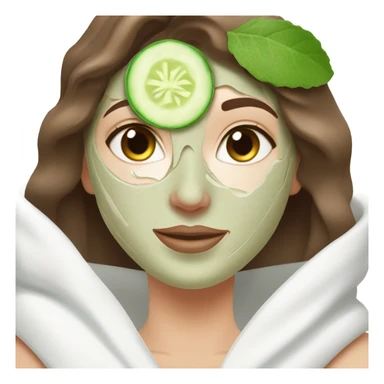 White girl with Brown hair and blue eyes wears a Green colored skincare clay textured mask and puts on cucumbers around her eyes while She relaxes in her white Robe sticker